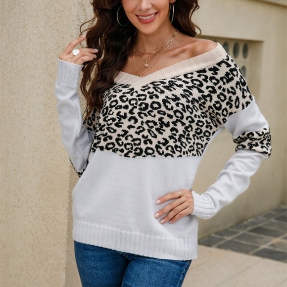 NWT Leopard Color Block V-Neck Knit Pullover - Picture 2 of 5